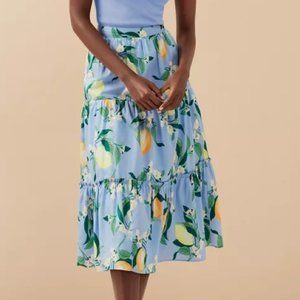 New Ann Taylor Factory Light Blue Lemon Tiered Midi Skirt A-Line 0 Petite Lined